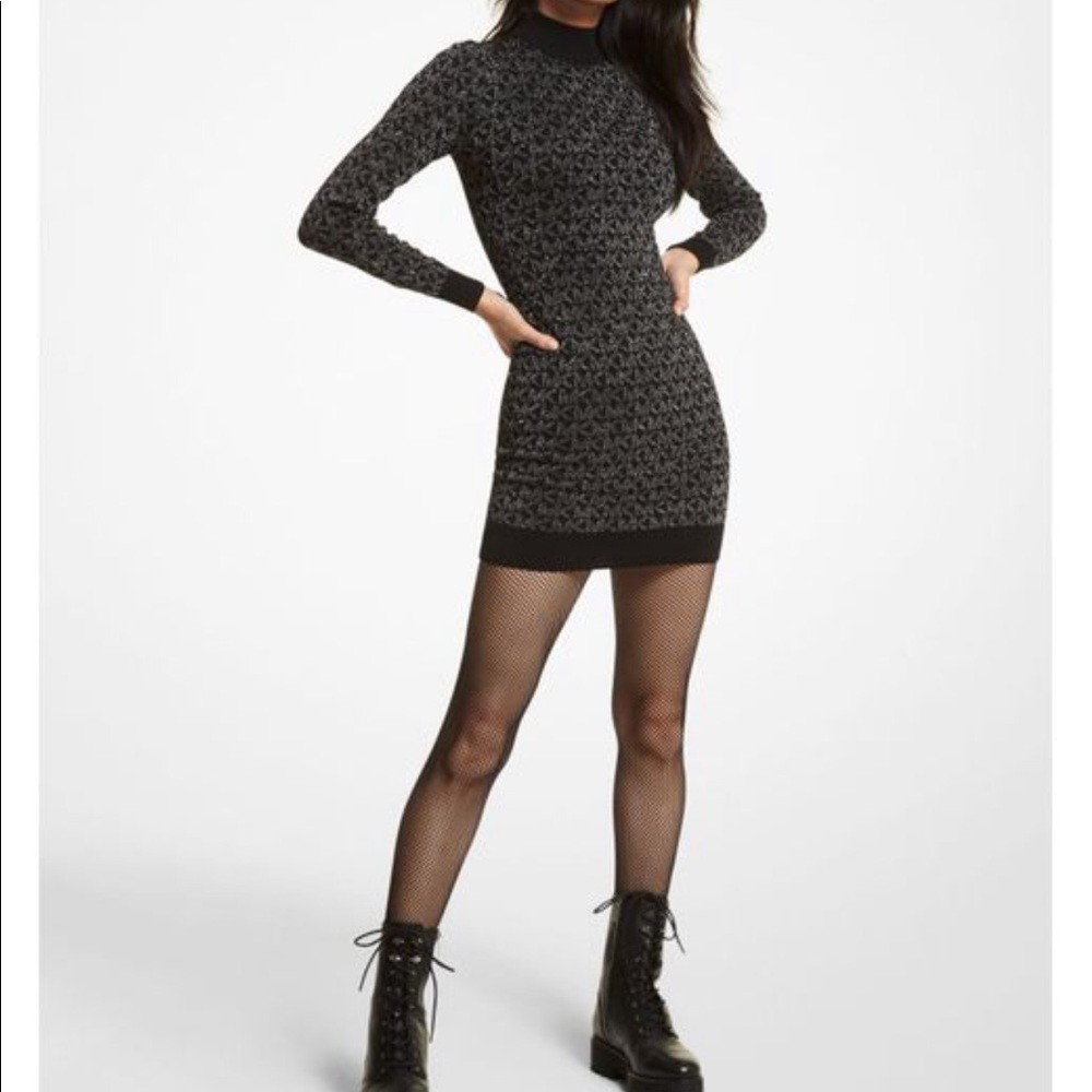 Michael kors Women's Black Metallic Logo Jacquard Mock Neck Dress
